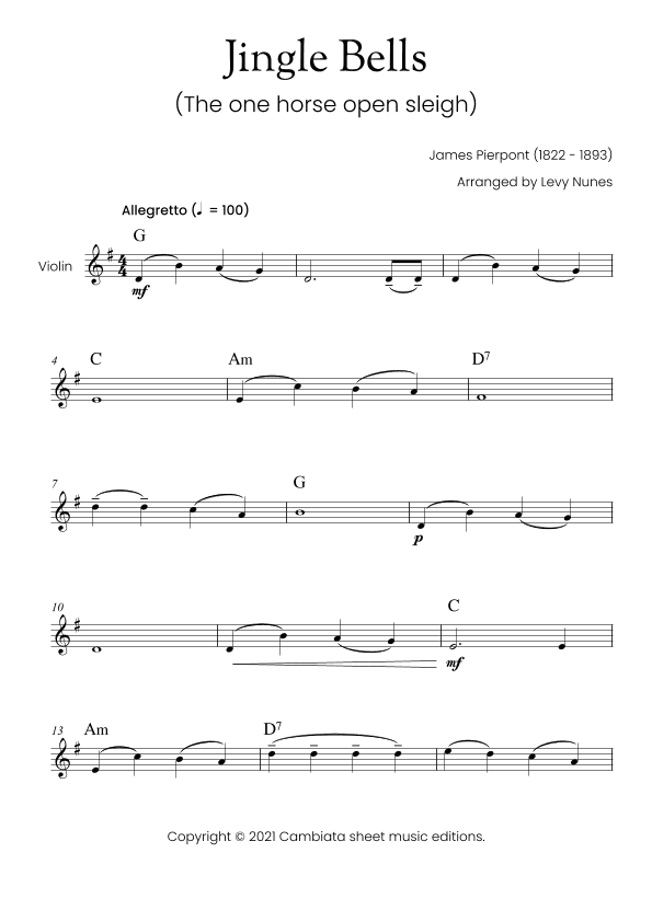 Jingles Bells - For violin (with chord symbols) Easy/Beginner (arr. Levy Nunes)
