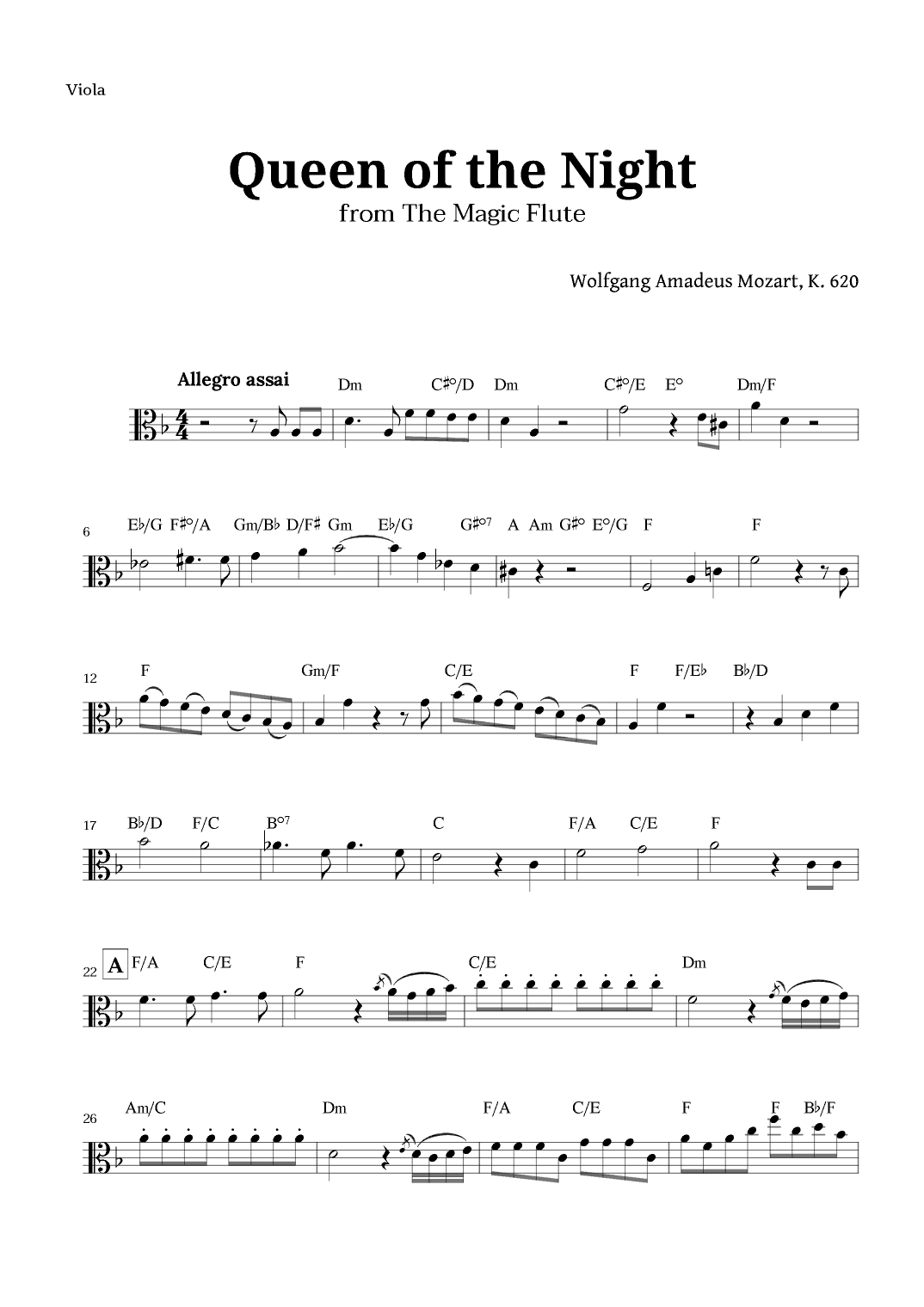 Queen of the Night by Mozart for Viola with Chords (arr. Langanho)