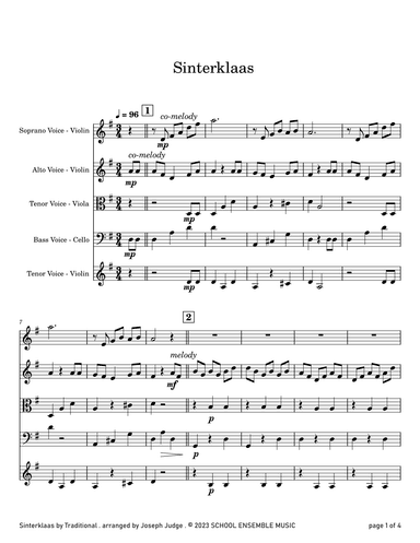 Sinterklaas for String Quartet in Schools (arr. Joseph Judge)
