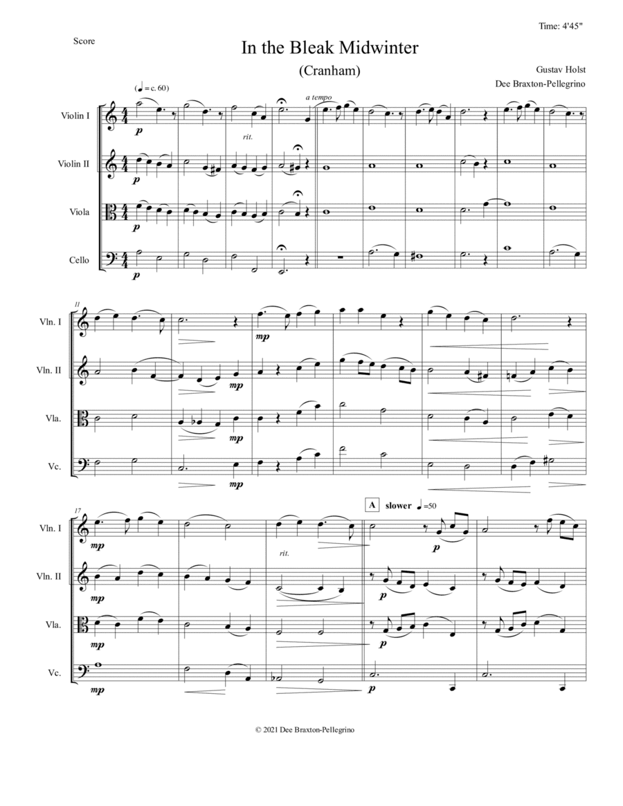 In the Bleak Midwinter (a string quartet for two violins, viola, cello) (arr. Dee Braxton-Pellegrino)