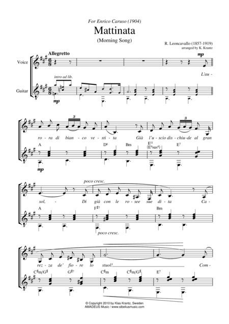 Mattinata for voice and guitar (A Major) (arr. Amadeus Music)