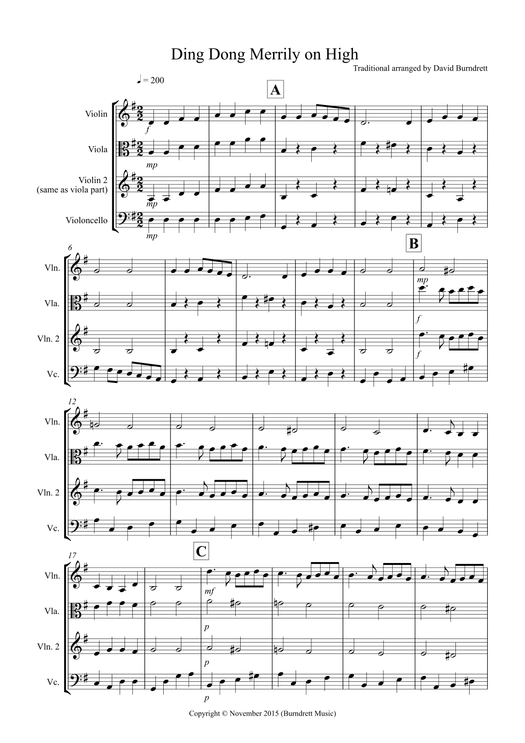 Ding Dong Merrily on High for String Trio (arr. David Burndrett)