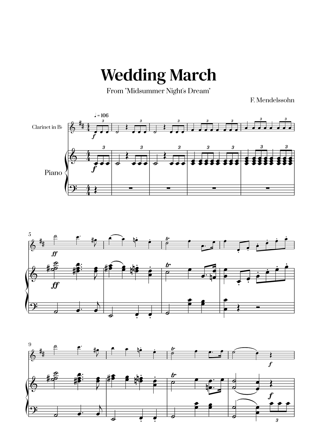 Felix Mendelssohn - Wedding March From Midsummer Night's Dream for Clarinet in Bb and Piano (arr. Cadenza Editions)