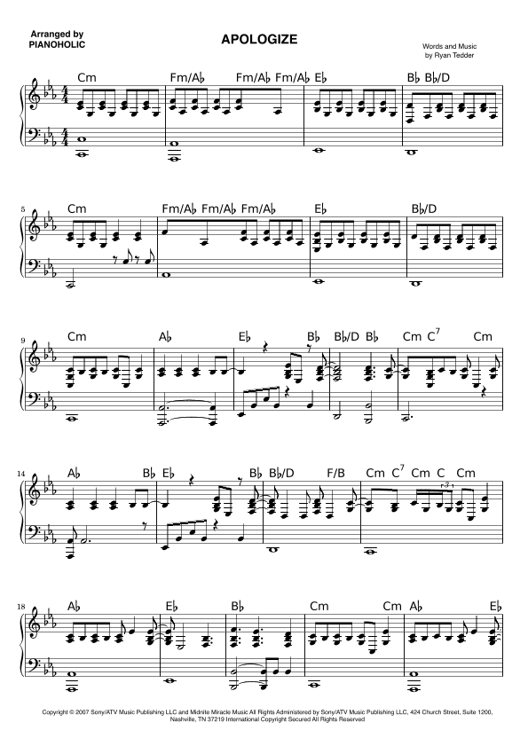 Apologize (arr. PIANOHOLIC)
