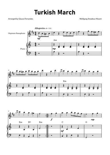 Turkish March by Mozart - Soprano Saxophone and Piano with Chord Notations (arr. Glauco Fernandes)