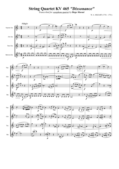 String Quartet KV 465 "Dissonance" for Saxophone Quartet (SATB) (arr. Diego Marani)