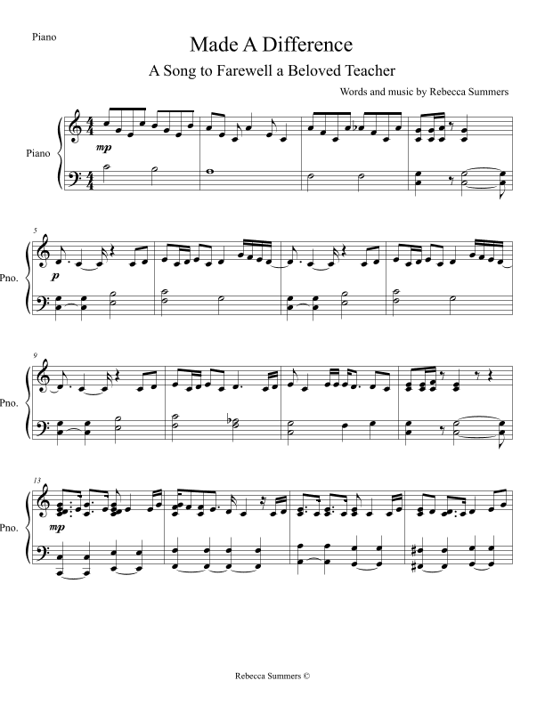 Made a Difference (Farewell Song for Beloved Teacher/Leader) Piano Part