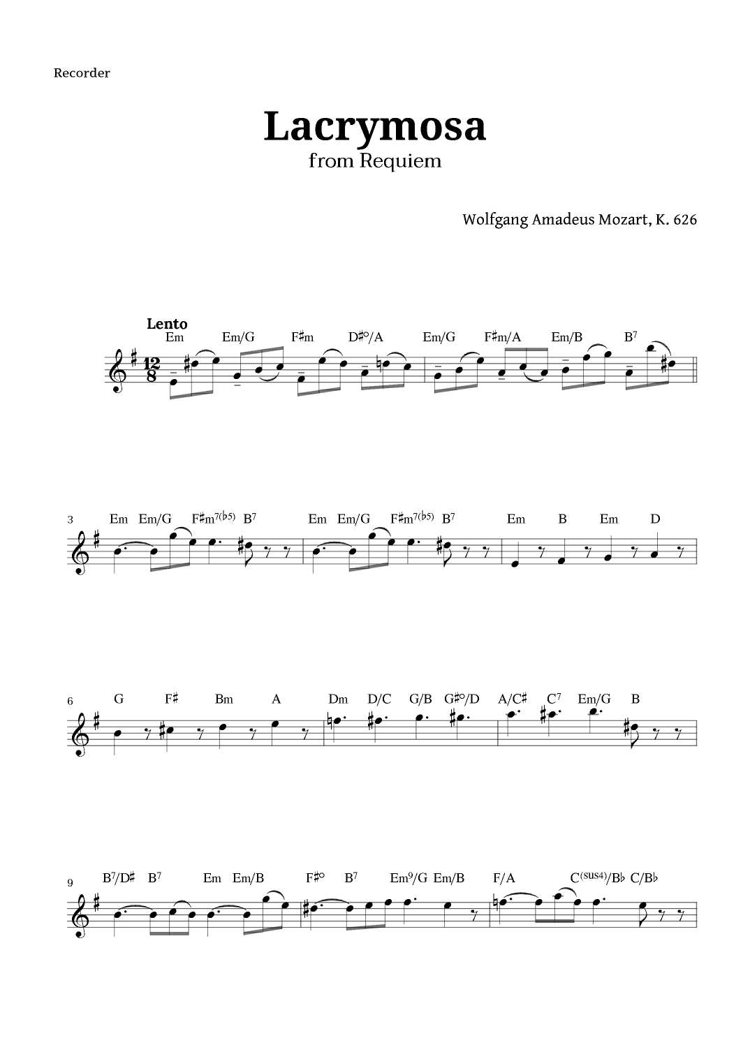 Lacrymosa from Requiem by Mozart for Recorder (arr. Langanho)
