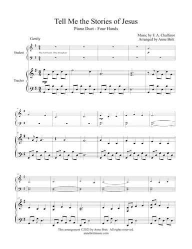 Tell Me the Stories of Jesus (late elementary student/teacher piano duet) (arr. Anne Britt)