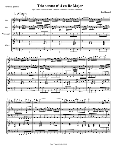 Trio sonata nº4 in D Major for flute, violin & cello or 2 violins & cello and basso continuo (SCORE