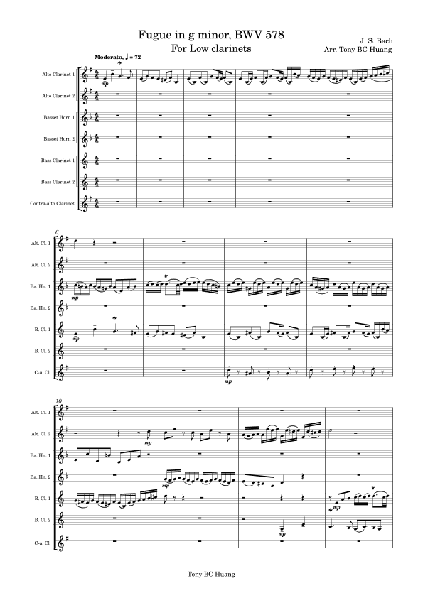 Fugue in g minor (the little), BWV578 for Low Clarinets (Septet) (arr. Tony BC Huang)