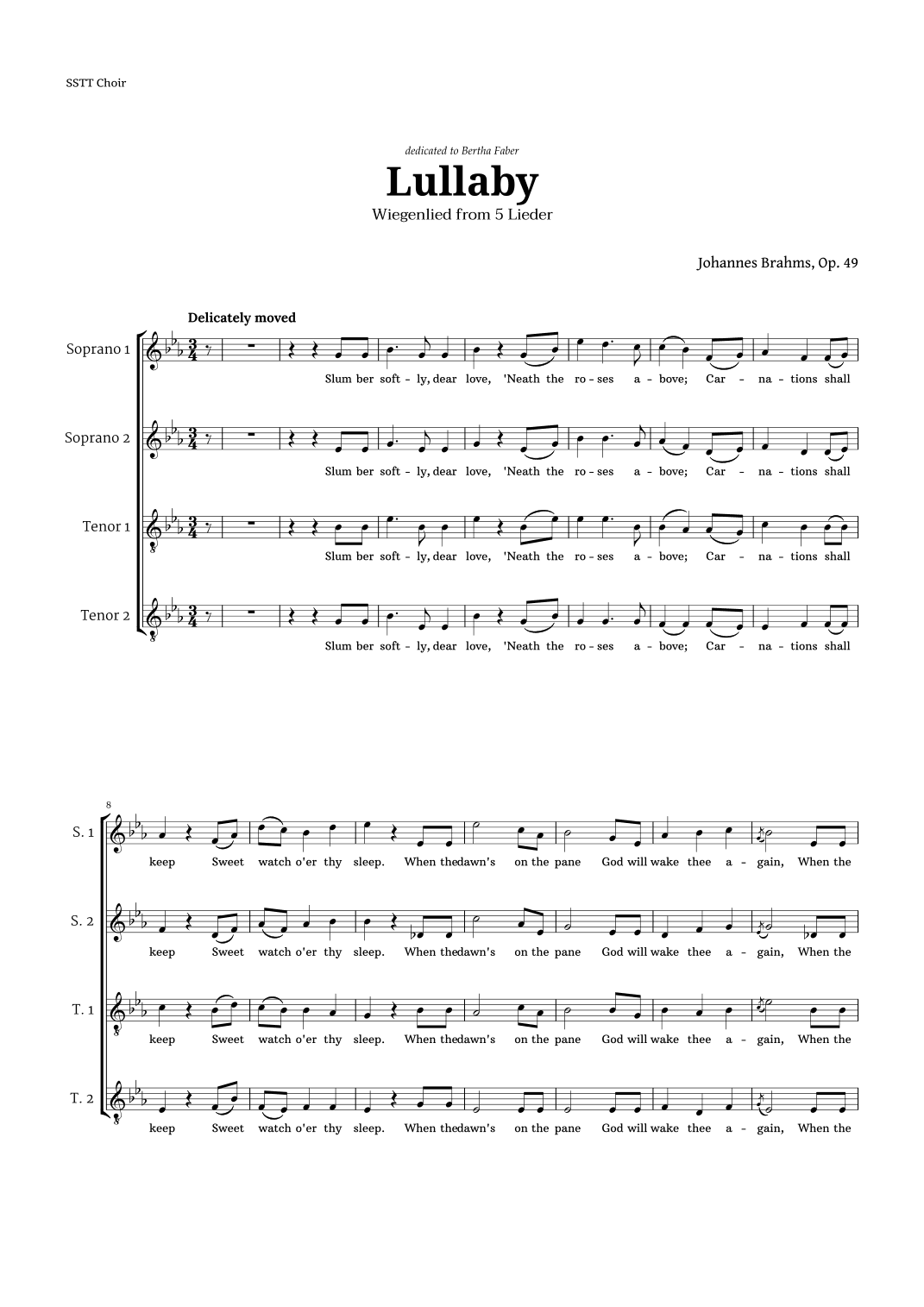 Lullaby by Brahms for SSTT Choir (arr. Langanho)