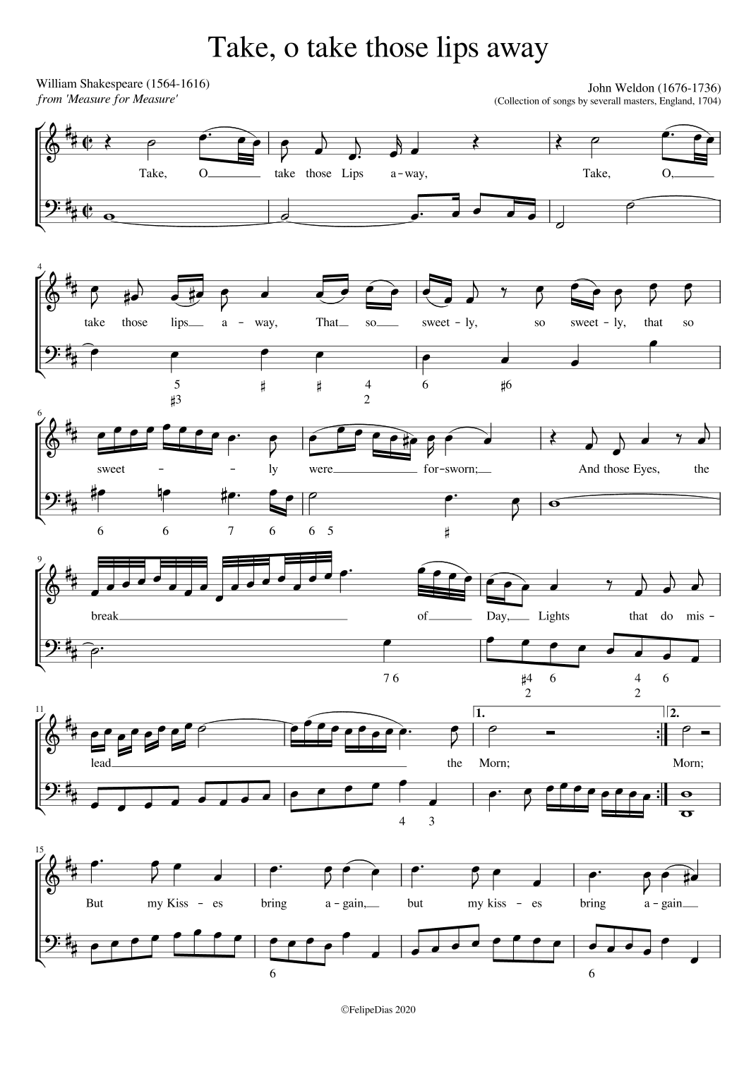 Take oh take those lips away (arr. Early Music Scores)