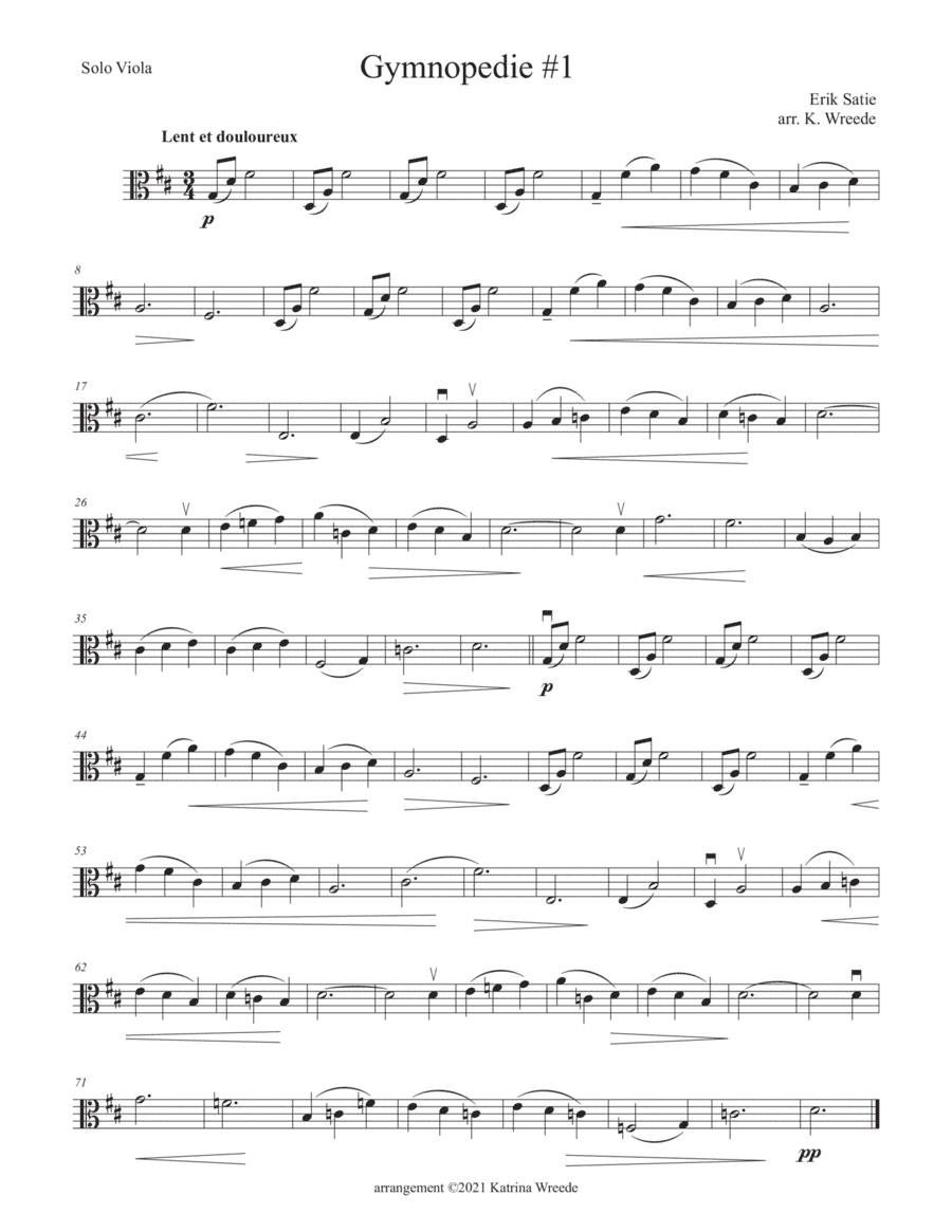 Gymnopedie #1 for solo viola (arr. K. Wreede)
