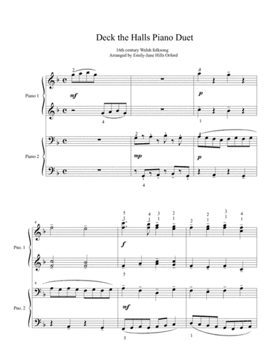 Deck the Halls Piano Duet (arr. Emily-Jane Hills Orford, arranger)