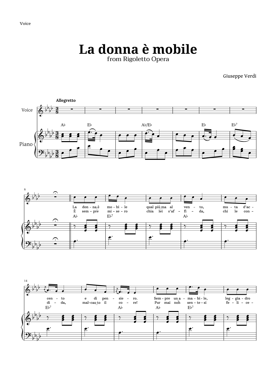 La donna è mobile in A-flat major for Voice and Piano (arr. Langanho)