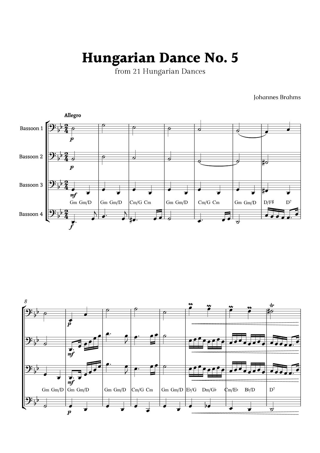 Hungarian Dance No. 5 by Brahms for Bassoon  Quartet (arr. Rika K.)