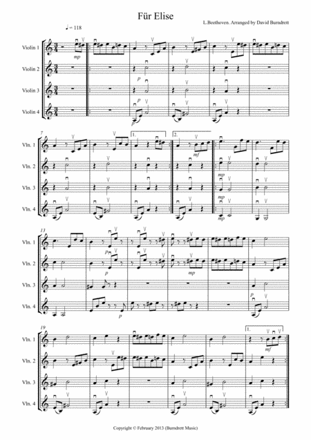 Fur Elise for Violin Quartet (arr. David Burndrett)