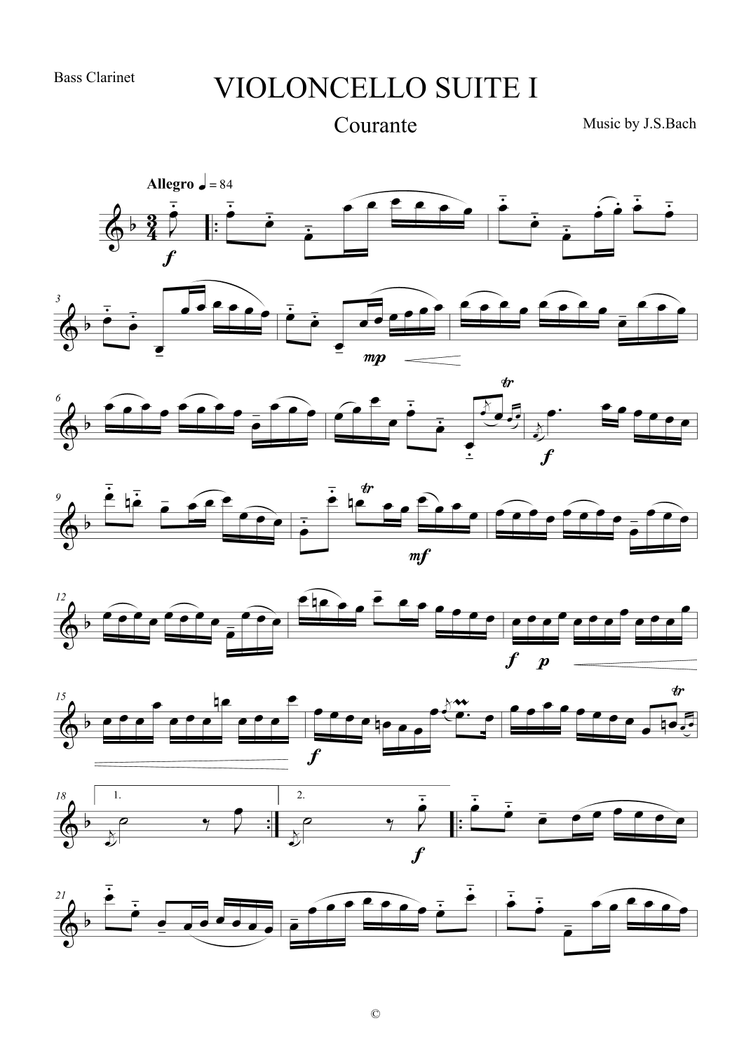 Courante from Violoncello Suite I by J.S.Bach for Bass Clarinet (arr. The Sheet Music Library)