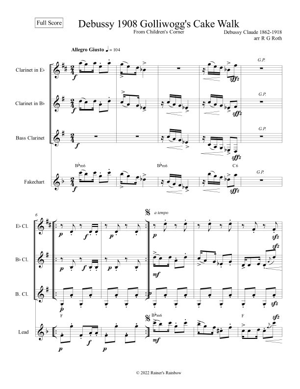 Debussy Golliwogs Cakewalk For Eb Clarinet, Clarinet and Bass Clarinet (arr. R G Roth)