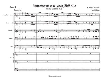 Organconcerto A-minor BWV 593, for brass quintet and organ solo (arr. Marc Goris)