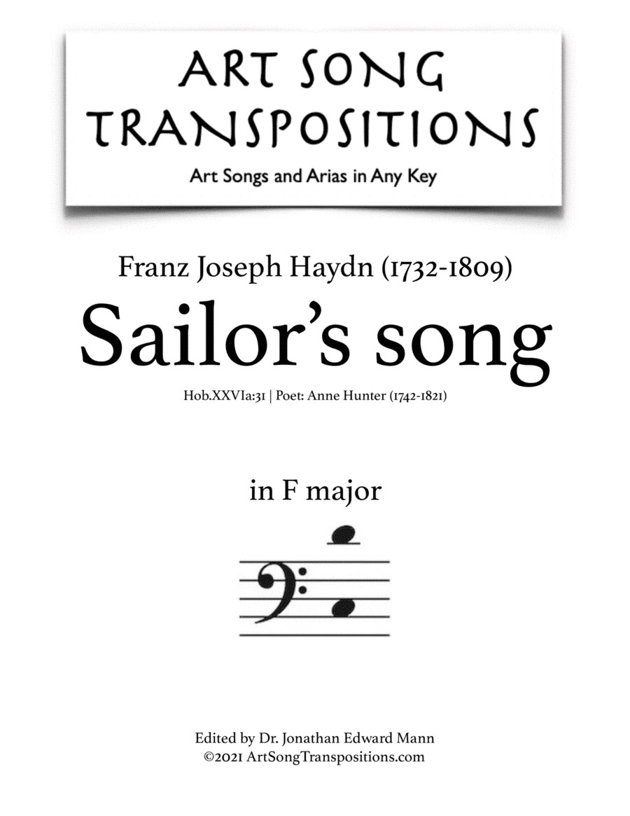 HAYDN: Sailor's Song (transposed to F major, bass clef) (arr. ArtSongTranspositions.com)
