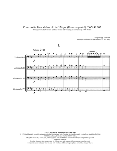 Concerto No. 2 in G Major for Four Celli Unaccompanied TWV40:202 (arr. Joel Jacklich (ASCAP))