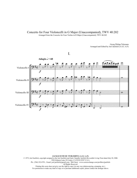 Concerto No. 2 in G Major for Four Celli Unaccompanied TWV40:202 (arr. Joel Jacklich (ASCAP))