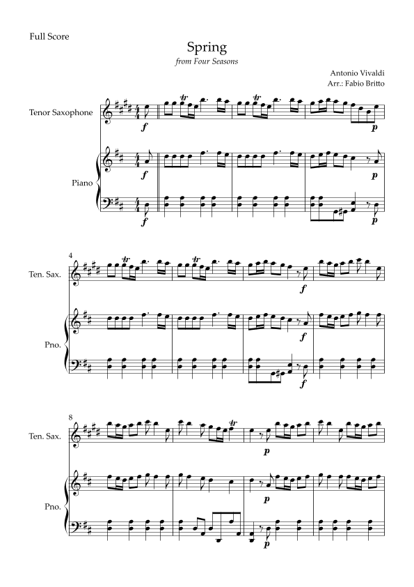 Spring (from Four Seasons of Antonio Vivaldi) for Tenor Saxophone Solo and Piano Accompaniment (arr. Fabio Britto)