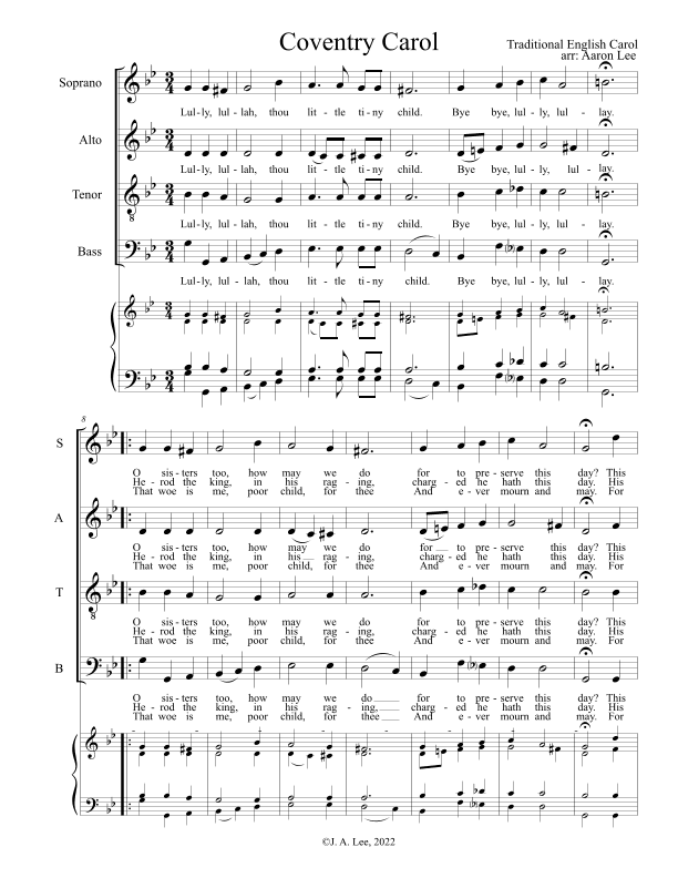 Coventry Carol (for SATB choir, a cappella) (arr. Aaron Lee)