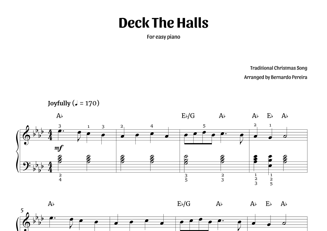 Deck The Halls (easy piano in A? major – with chords) (arr. Bernardo Pereira)