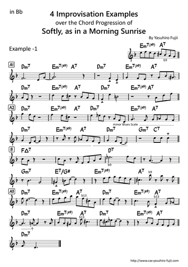 4 Improvisation Examples over the Chord Progression of Softly, as in a morning sunrise for Tenor Sax