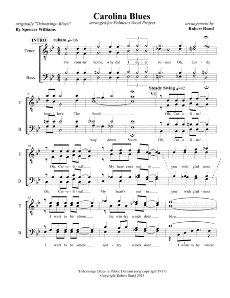 Carolina Blues (formerly Tishomingo Blues) (TTBB - Barbershop) - arr. Robert Rund (arr. Robert Rund)