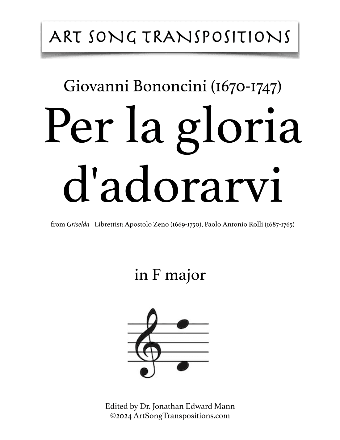 BONONCINI: Per la gloria d'adorarvi (transposed to F major) (arr. ArtSongTranspositions.com)