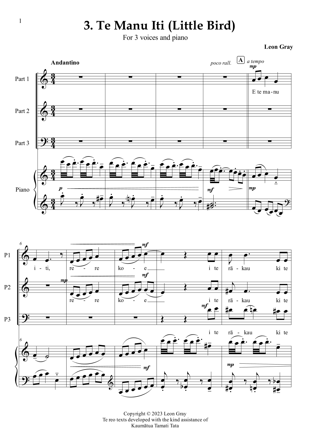 Te Manu Iti (No 3. from "Waiata Reorua mo te Rangatahi (Bilingual Songs for Young People)".