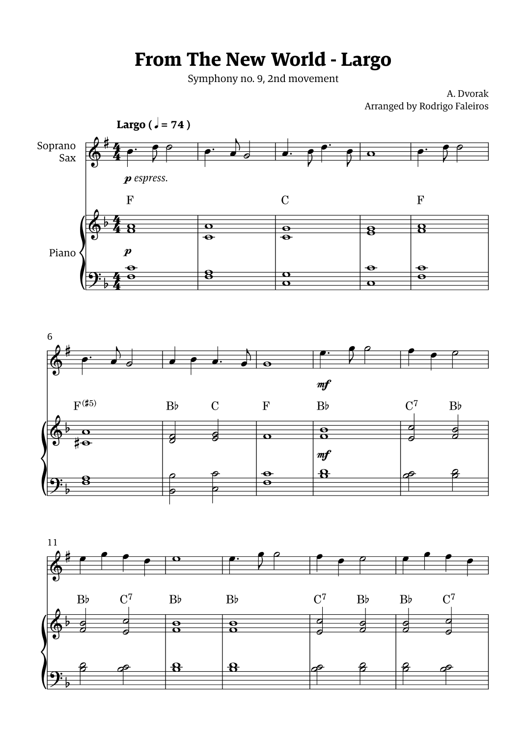 Largo (2nd movement of the Symphony no. 9 'From The New World') (arr. Rodrigo Faleiros)
