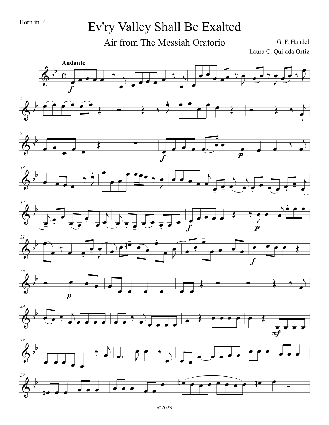 Ev'ry Valley Shall Be Exalted, from The Messiah. Solo trombone and brass quartet. Score & parts. (arr. Laura C. Quijada Ortíz)