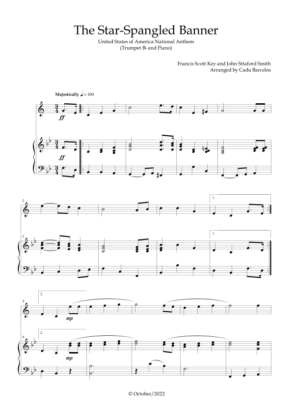 The Star-Spangled Banner - EUA Hymn (Trumpet Bb and Piano) (arr. Cadu Barcelos)