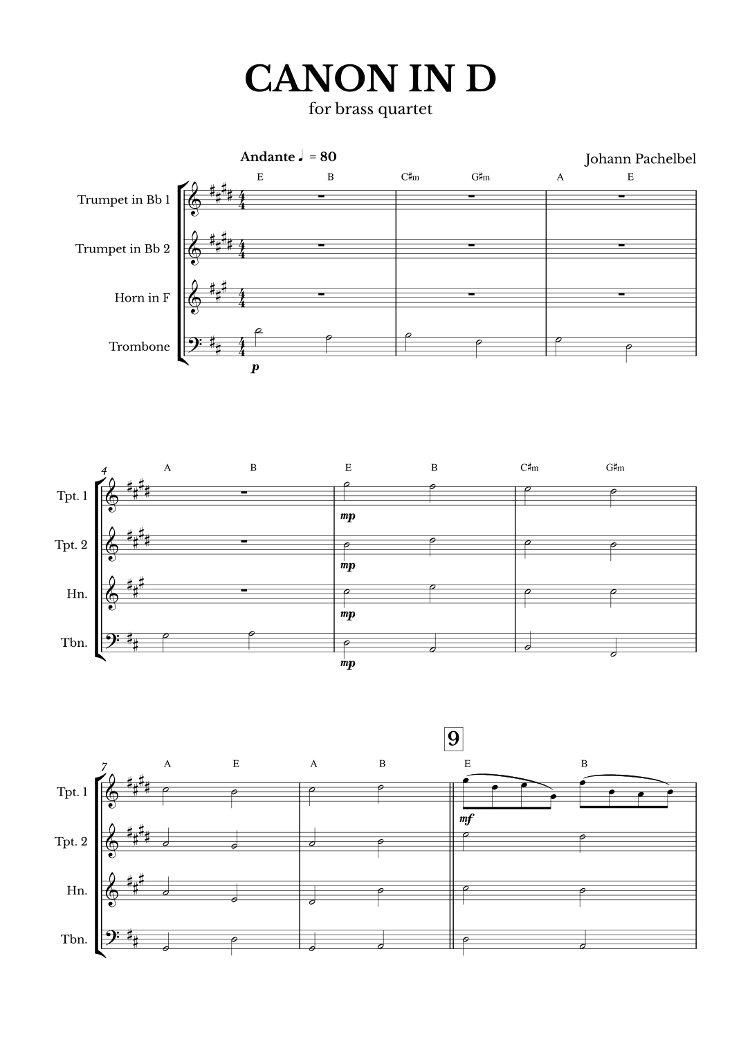 Canon in D for Brass Quartet with chords (arr. Maurício Luz)