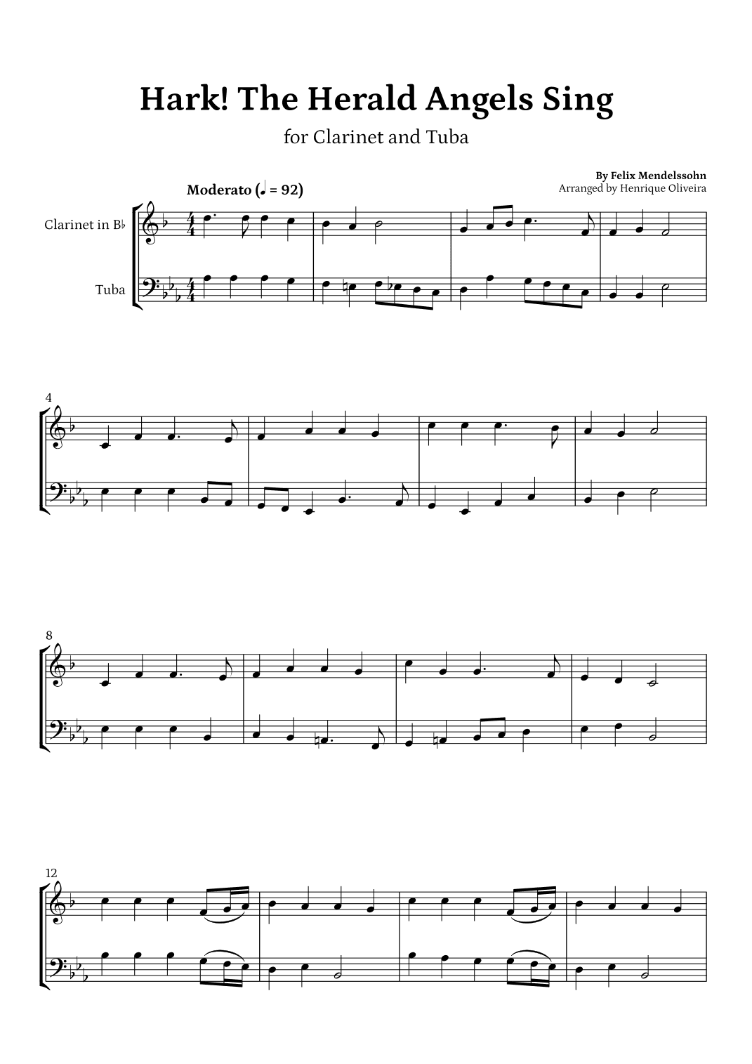 Hark! The Herald Angels Sing (Clarinet and Tuba) - Beginner Level (arr. Henrique Oliveira)