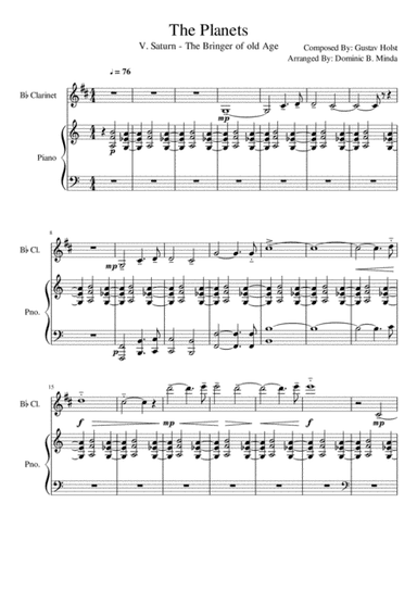 Saturn from "the planets" for clarinet and piano. (arr. Dominic B. Minda)