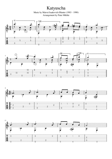 Katyusha (Standard Notation and TAB) (arr. Peter Miklitz)