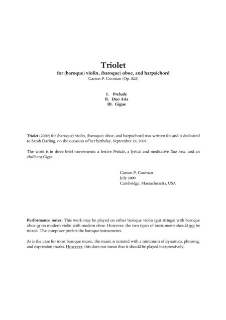 Carson Cooman : Triolet (2009) for (baroque) violin, (baroque) oboe, and harpsichord