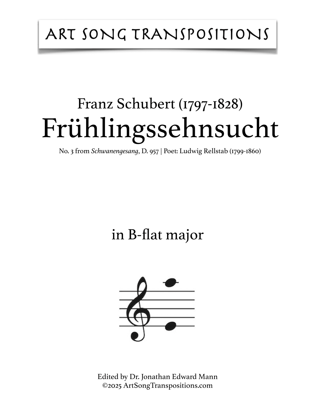 SCHUBERT: Frühlingssehnsucht, D. 957 no. 3 (transposed to B-flat major) (arr. ArtSongTranspositions.com)