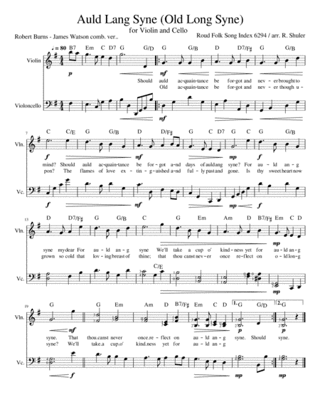 Auld Ang Syne - Watson/Burns combined lyrics - Violin & Cello (arr. Robert Shuler)