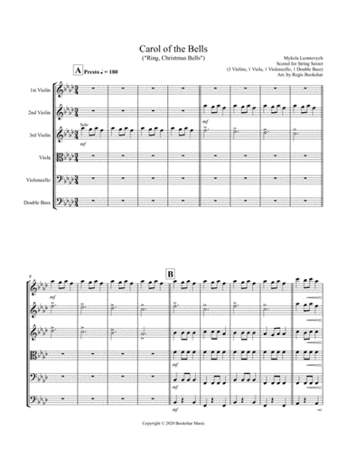 Carol of the Bells (F min) (String Sextet - 3 Violin, 1 Viola, 1 Cello, 1 Bass) (arr. Regis Bookshar)