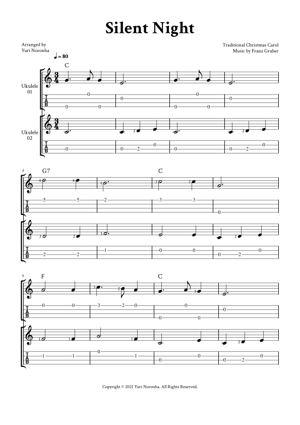 Silent Night - Ukulele Duet (with TAB and Chords) (arr. Yuri Noronha)