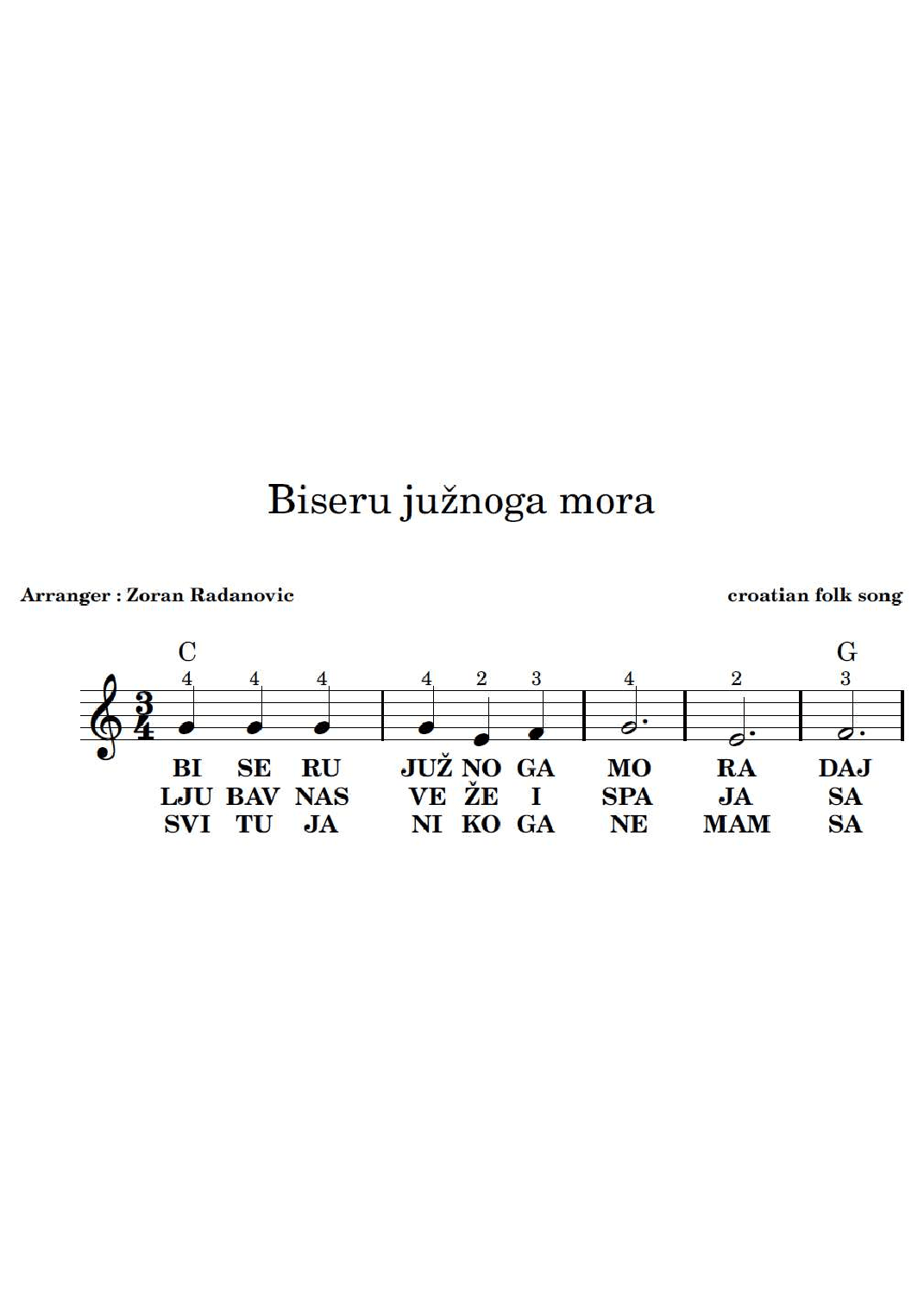 Biseru južnoga mora - lead sheet (arr. Zoran Radanovic)