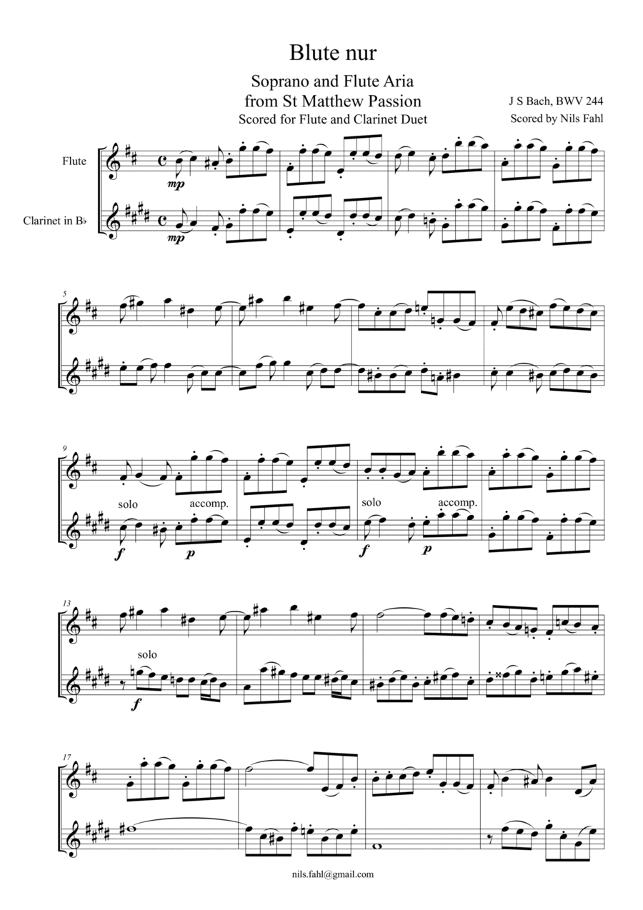 J S Bach Blute nur from St Matthew Passion, BWV 244. Flute and Clarinet Duet (arr. Nils Fahl)