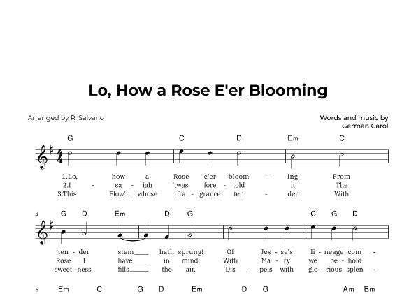 Lo, How a Rose E'er Blooming (Key of G Major) (arr. R. Salvario)